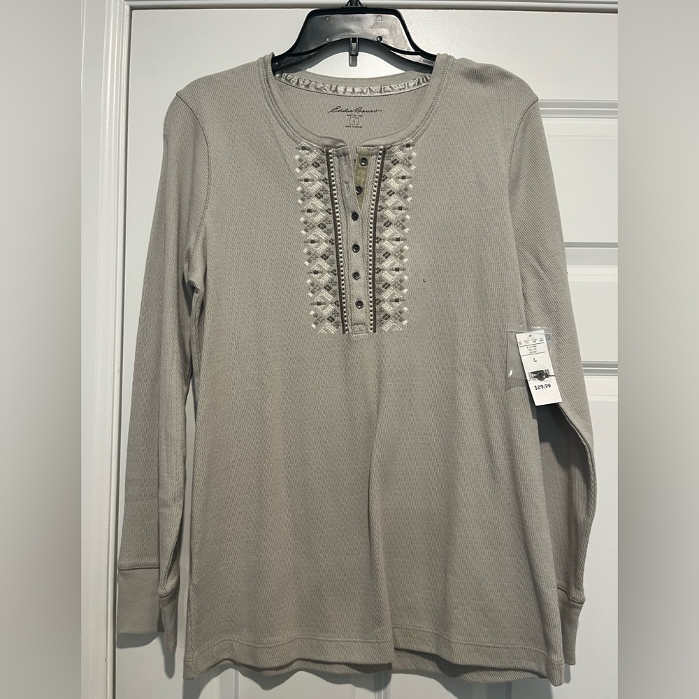 Eddie Bauer Light Gray Embroidered Henley Top